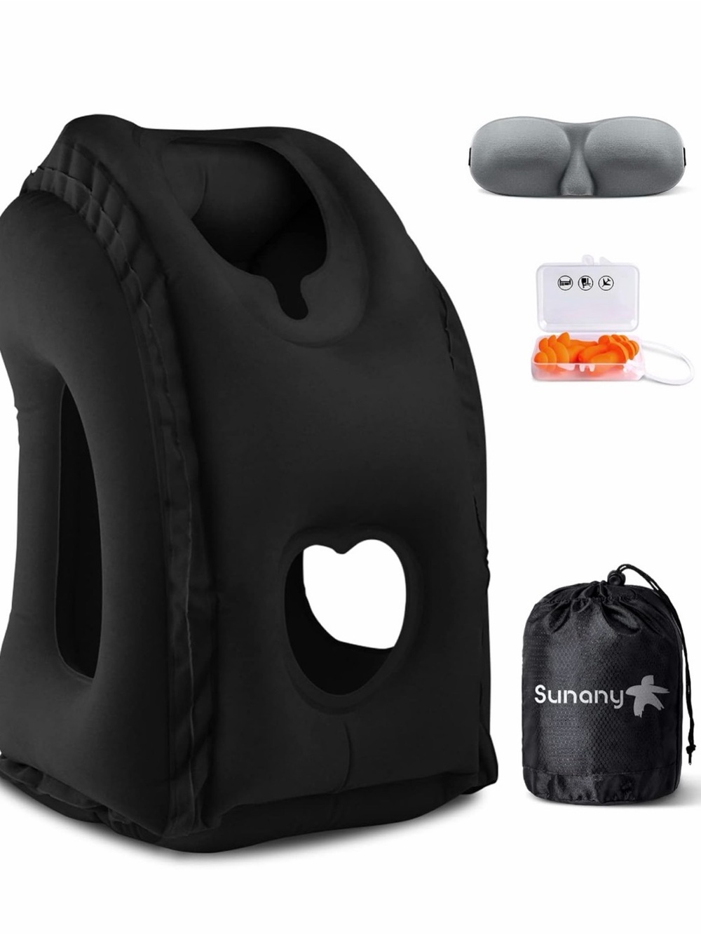 SUNO Black Inflatable Travel Hood Pillow with Gray Eye Mask and Orange Earplugs